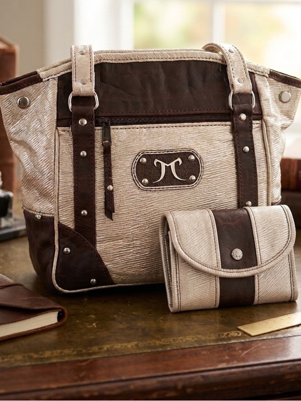 Rare Leather Cream and Brown Women's Tote Bag with Accent Trim & Wallet